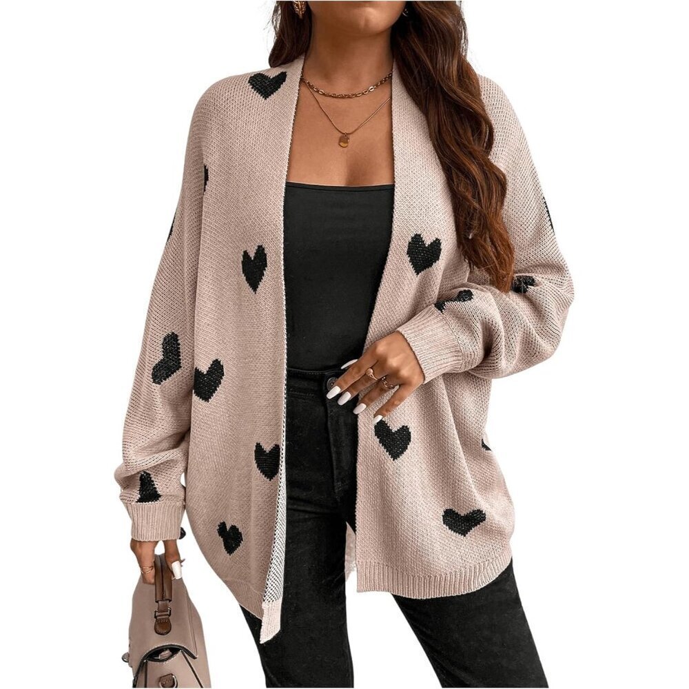 Women's Plus Size Heart Print Open Front Knit Cardigan Sweater